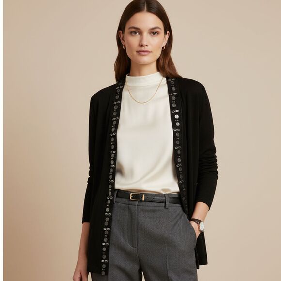 NWT Coldwater Creek Cardigan Travel Knit Embellished Open Front Women sz L Black - Picture 1 of 9